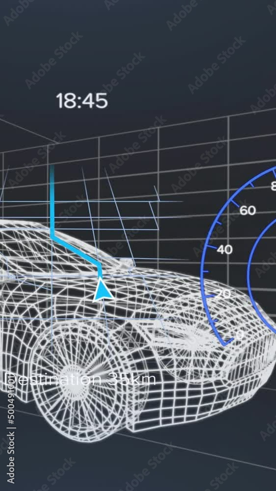 Poster Animation of speedometer, gps and charge status data on vehicle interface, over 3d car model