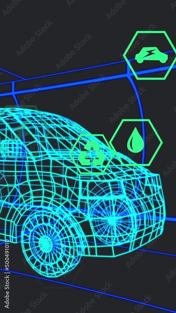 Poster animation of icons processing status data over 3d van model moving on black background