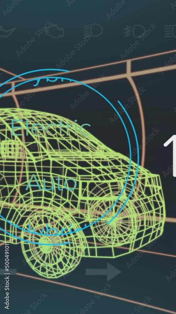 Wall mural animation of speedometer, gps and charge status data on hybrid van interface, over 3d van model
