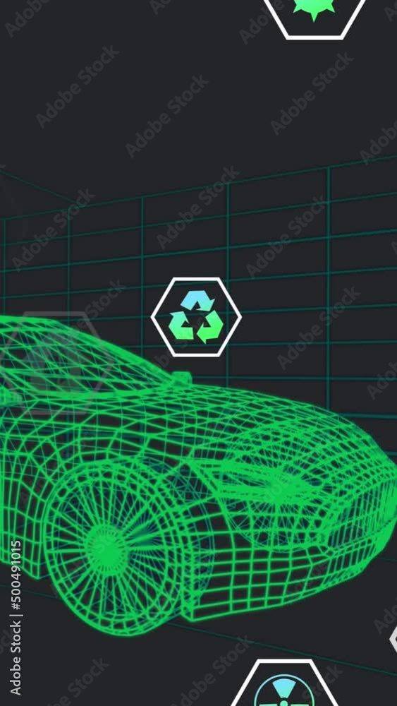 Fototapete animation of icons processing status data over 3d car model moving on black background