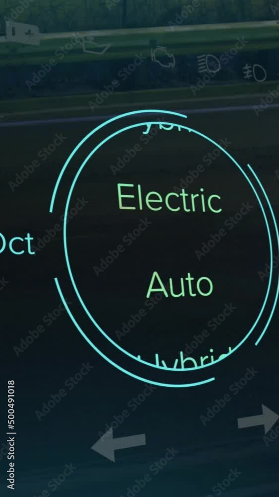 Poster animation of speedometer, power type, charge and status data on hybrid vehicle interface