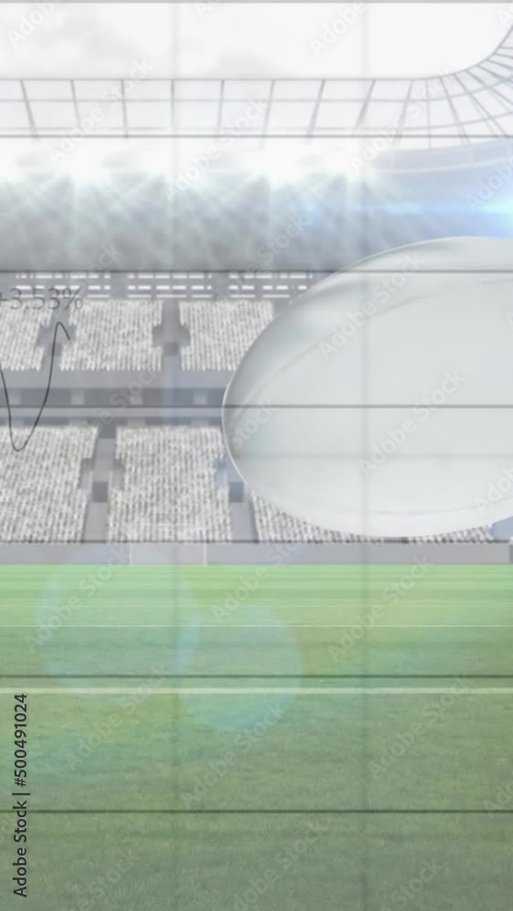 Poster animation of falling rugby balls with graphs and data processing over sports stadium
