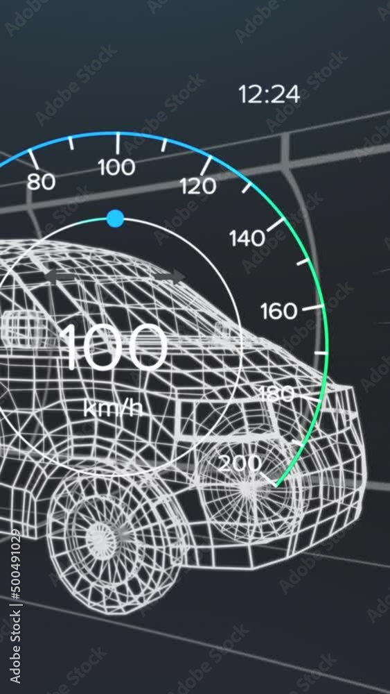 Poster animation of speedometer, gps and charge status data on vehicle interface, over 3d van model