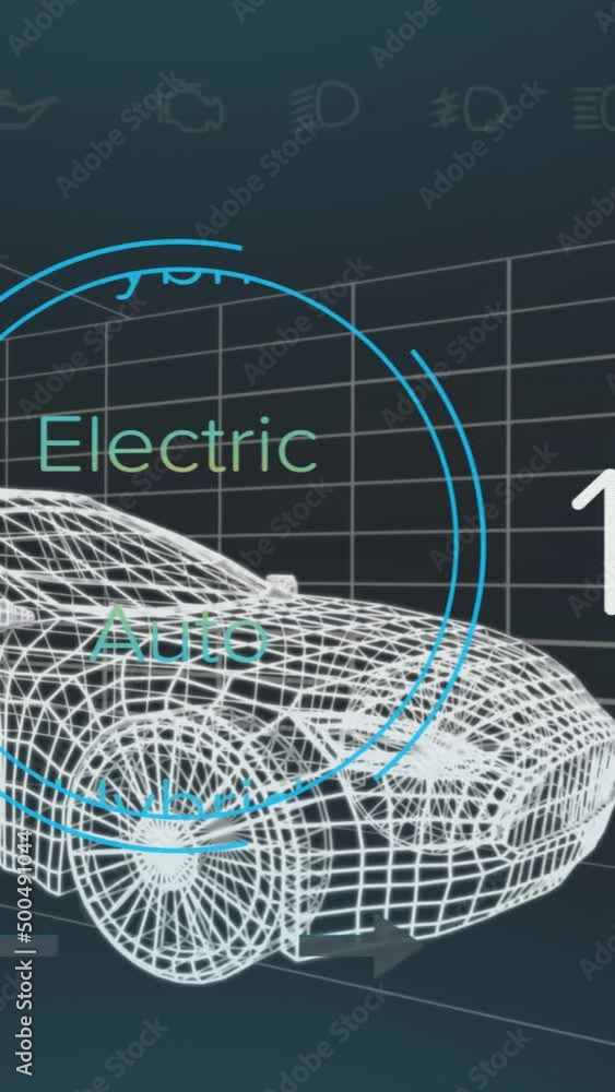 Poster animation of speedometer and power status data on hybrid vehicle interface, over 3d car model