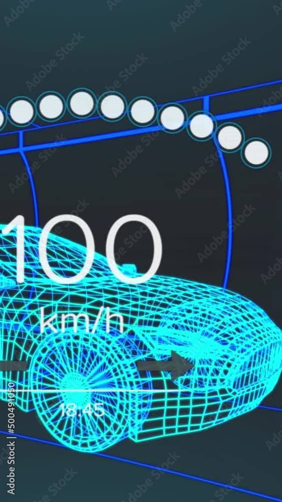 Poster Animation of speedometer, gps and charge status data on vehicle interface, over 3d car model