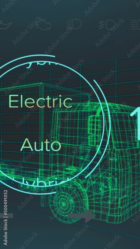 Poster animation of speedometer and power status data on hybrid vehicle interface, over 3d truck model