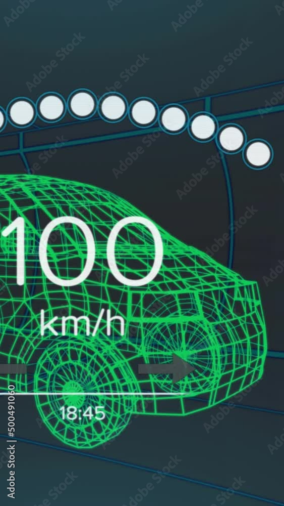 Poster animation of speedometer and power gauge over 3d van model moving on black background