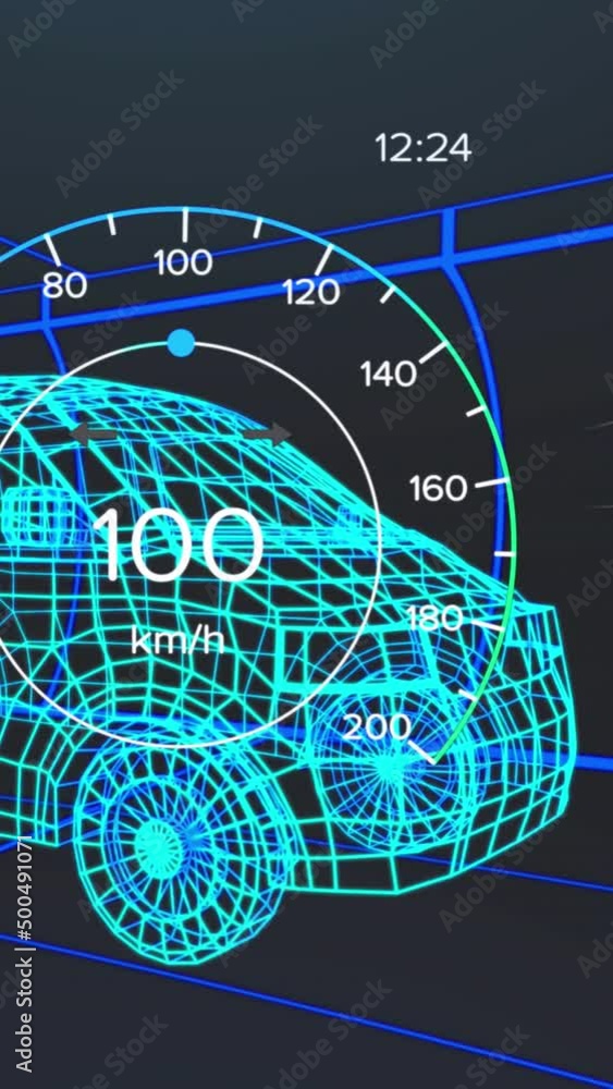 Poster animation of speedometer, gps and charge status data on vehicle interface, over 3d van model