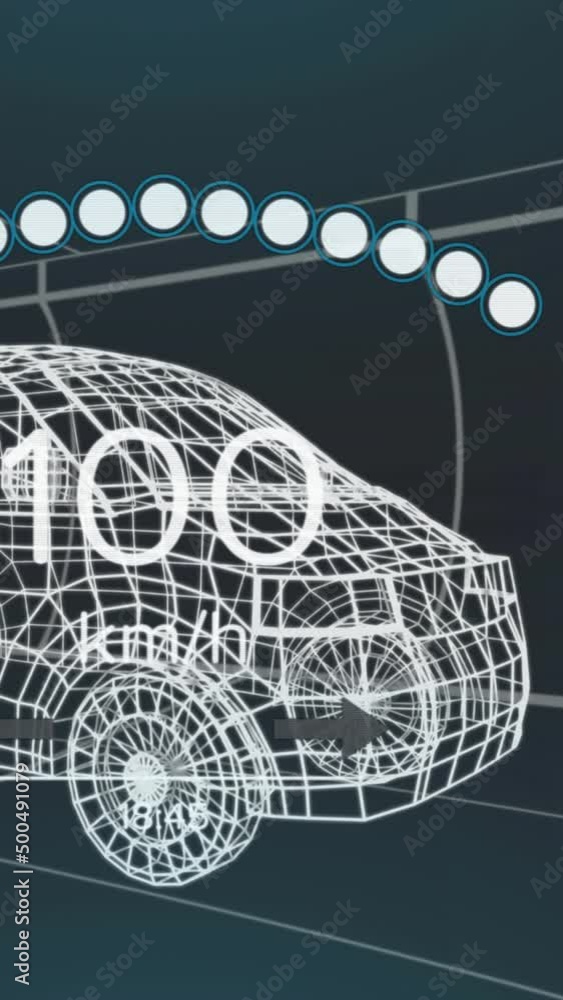 Poster animation of speedometer, gps and charge status data on vehicle interface, over 3d van model