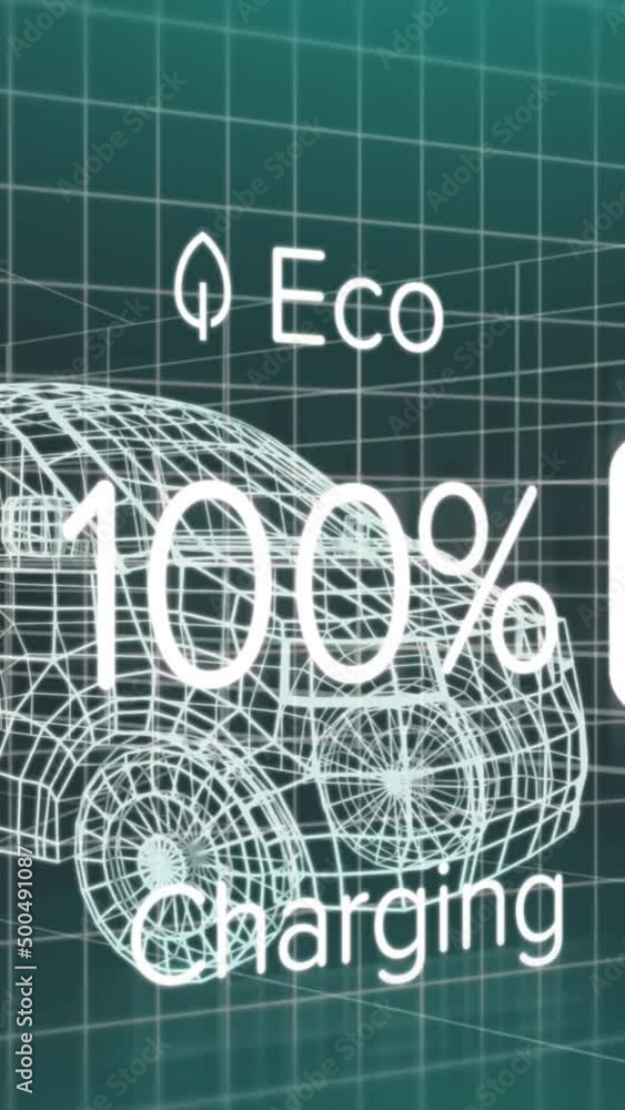 Wall mural animation of charge status data on electric vehicle interface, over 3d van model