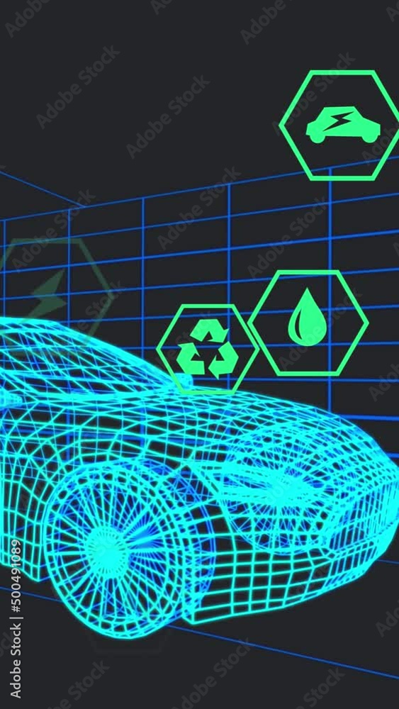 Fototapete animation of icons processing status data over 3d car model moving on black background