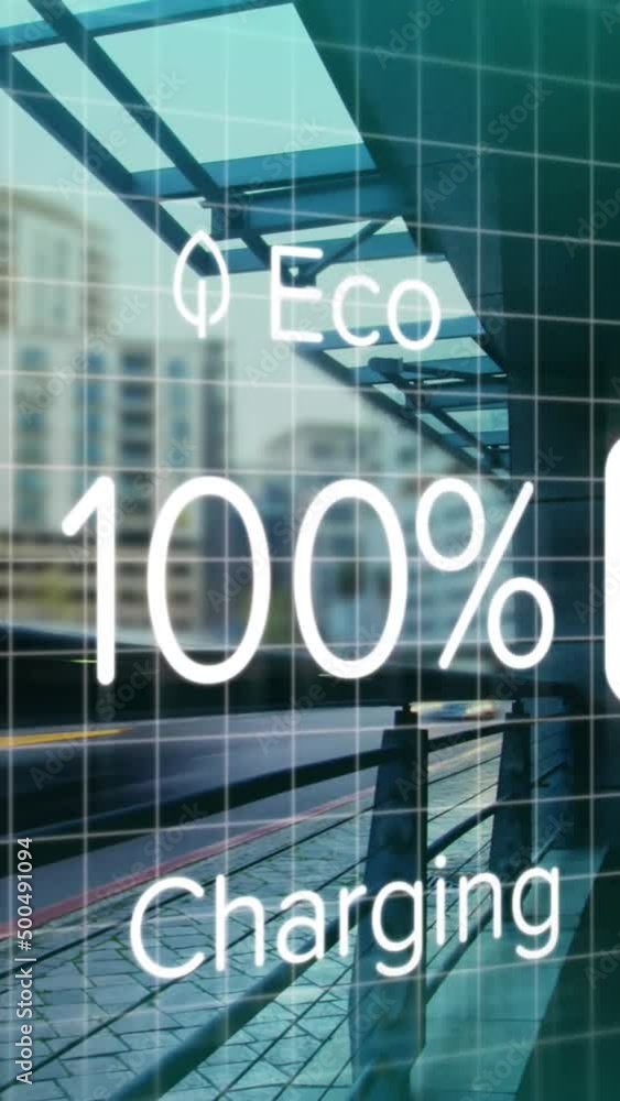Poster animation of charge status data on electric vehicle interface, over sped up train passing station