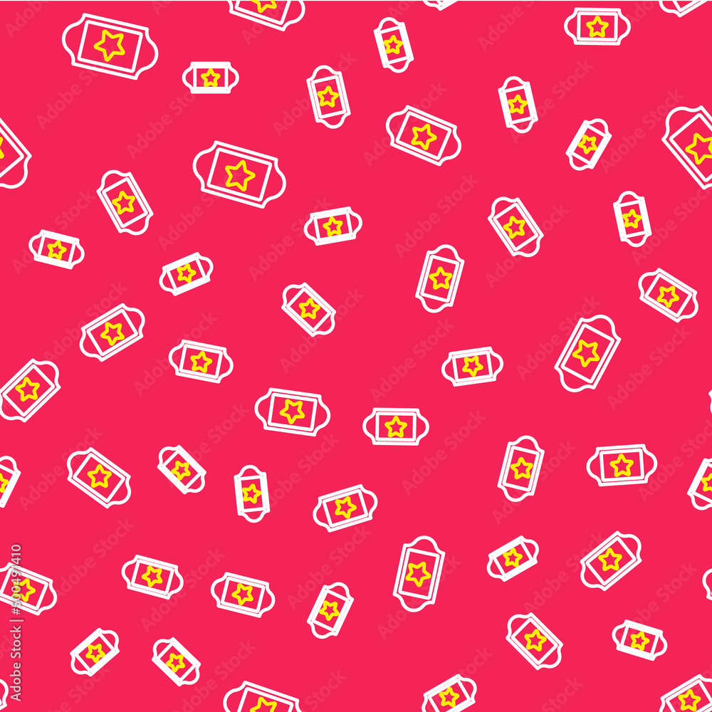 Poster line cinema ticket icon isolated seamless pattern on red background. vector