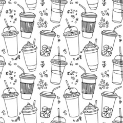 Hand drawn seamless pattern with coffee cups various shapes with drinking straws. Monochrome linear funny background.