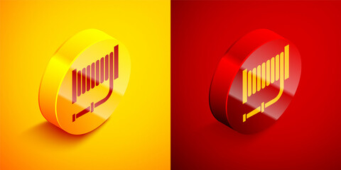 Isometric Fire hose reel icon isolated on orange and red background. Circle button. Vector