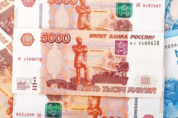 5000 Russian rubles money. Different denomination of bills. Finance concept. Money background and...