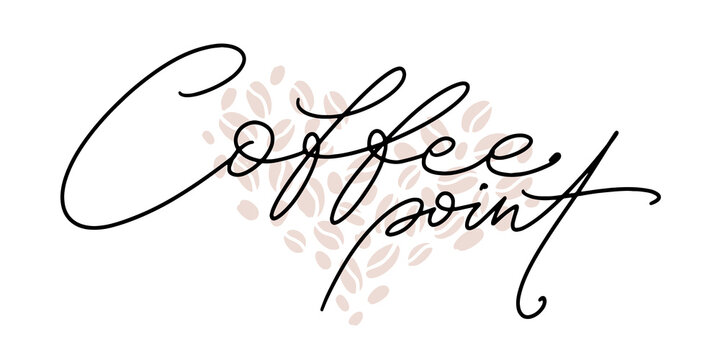 Vector lettering with coffee point words on background with coffee beans in heart shape. Hand written calligraphy.