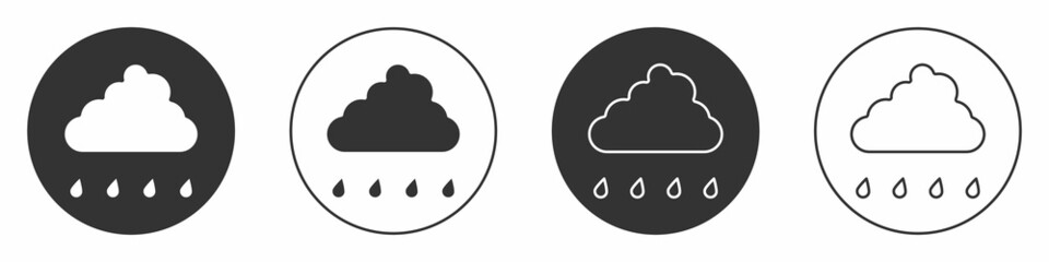 Black Cloud with rain icon isolated on white background. Rain cloud precipitation with rain drops. Circle button. Vector