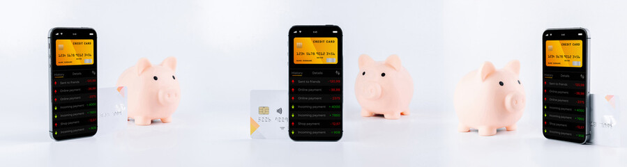 Obraz premium Online payment. Smartphone set with internet online bank application. Piggy bank with debit card on white background. Save currency money wallet collection.