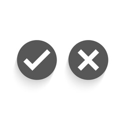 Tick and cross black signs. Gray checkmark OK and red X icons, isolated on white background. Simple marks graphic design. Circle symbols YES and NO button for vote, decision, web. Vector illustration