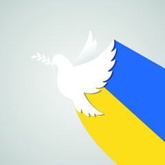 Pray for Ukraine. Stop the war. Flying peace dove with olive branch logo symbol. White pigeon. Say no to war.