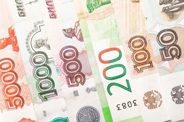 Russian rubles money. Different denomination of bills. Finance concept. Money background and texture.