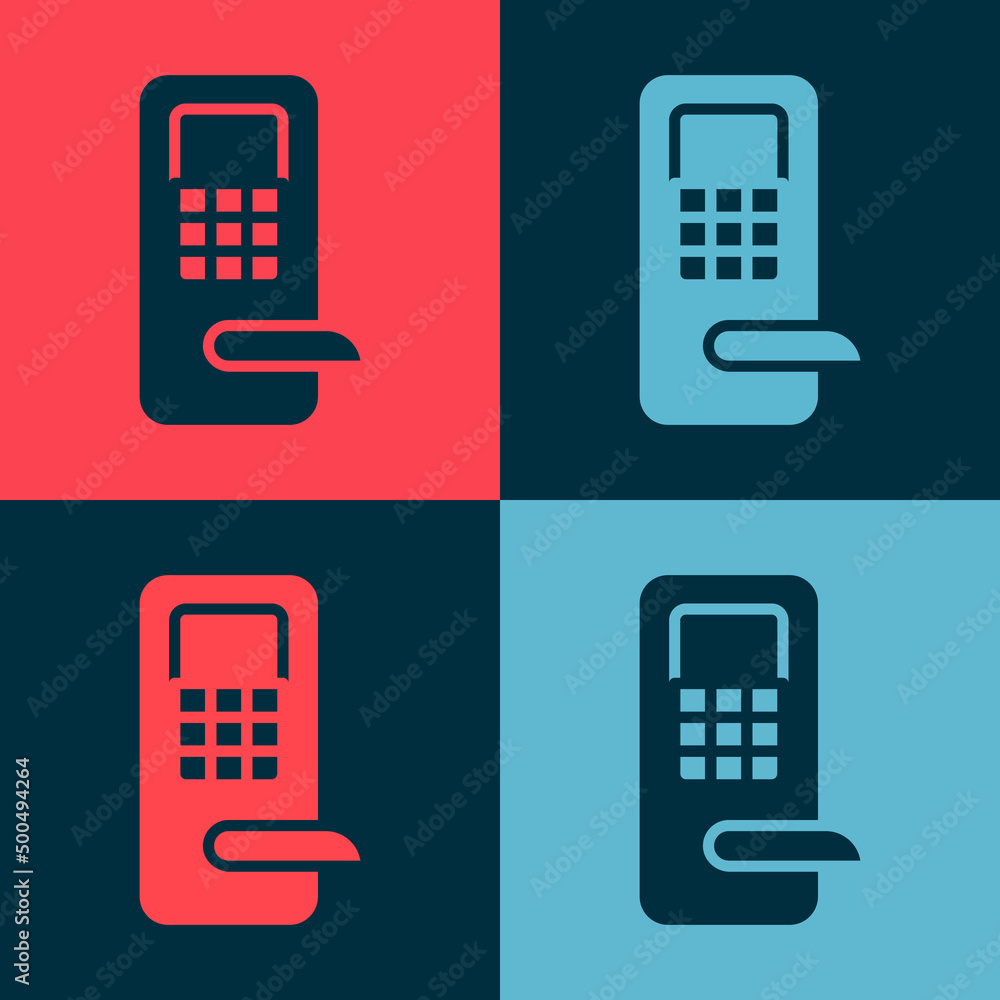 Poster pop art digital door lock with wireless technology for unlock icon isolated on color background. doo