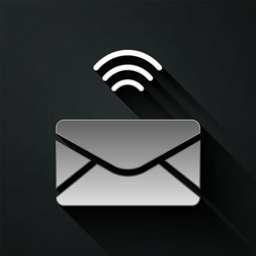Silver Mail and e-mail icon isolated on black background. Envelope symbol e-mail. Email message sign. Long shadow style. Vector
