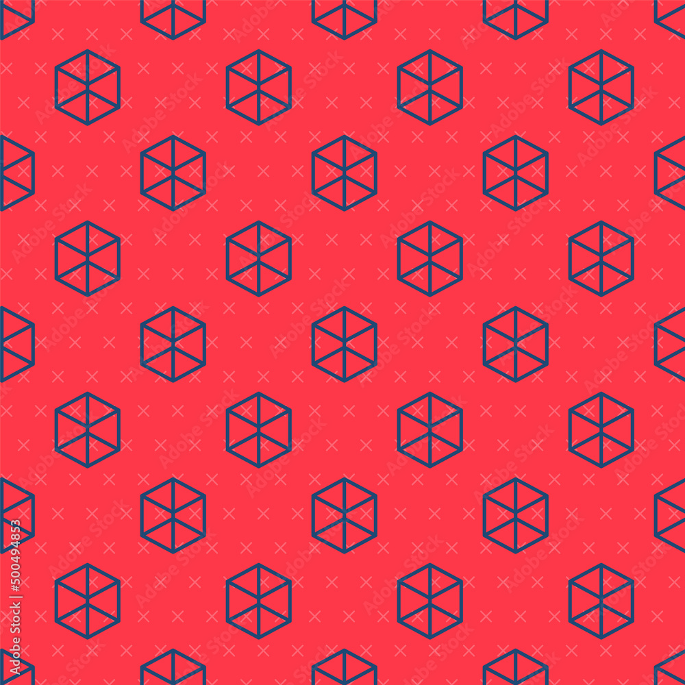 Poster blue line geometric figure cube icon isolated seamless pattern on red background. abstract shape. ge