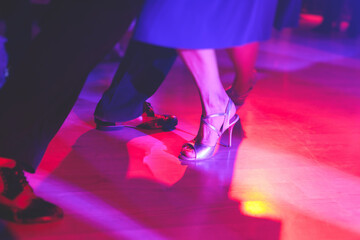 Dancing shoes of a couple, couples dancing traditional latin argentinian dance milonga in the...