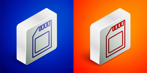 Isometric line SD card icon isolated on blue and orange background. Memory card. Adapter icon. Silver square button. Vector