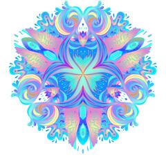 Decorative Indian round lace ornate mandala. Vintage vector pattern on transparent background. Hand drawn abstract colorful background. Invitation, wedding card, scrapbooking. Tattoo design.