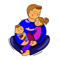 Happy loving father with children vector cartoon illustration isolated on white.Good parenting and upbringing.Care,trust and support between parents and children.Dad holding son and daughter