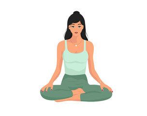Yoga. Girl practices yoga. Girl meditating . Concept illustration for yoga, meditation, relax, healthy lifestyle. - obrazy, fototapety, plakaty