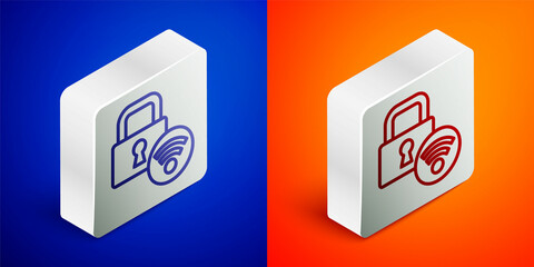 Isometric line Digital door lock with wireless technology for unlock icon isolated on blue and orange background. Door handle sign. Security smart home. Silver square button. Vector
