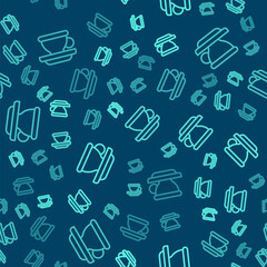 Green line Coffee cup icon isolated seamless pattern on blue background. Tea cup. Hot drink coffee. Vector