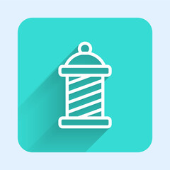 White line Classic Barber shop pole icon isolated with long shadow. Barbershop pole symbol. Green square button. Vector