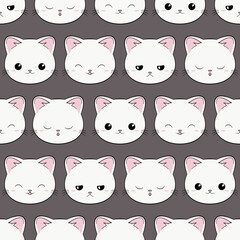 Koty - powtarzalny wzór - białe kotki na szarym tle. Uśmiechnięte, śpiące, smutne, zadowolone kocie głowy. Ilustracja wektorowa.
