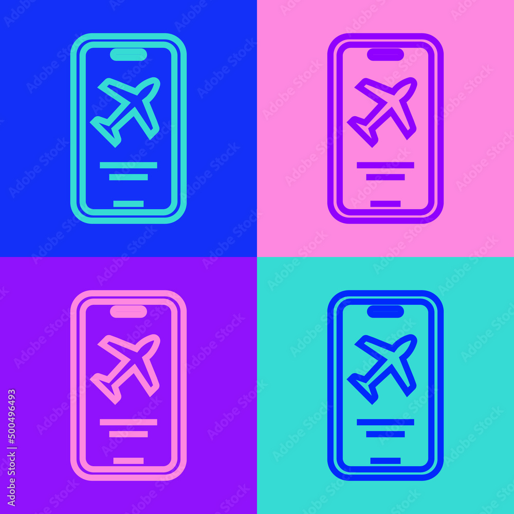Poster pop art line smartphone with electronic boarding pass airline ticket icon isolated on color backgrou