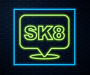 Glowing neon line Skateboard icon isolated on brick wall background. Extreme sport. Sport equipment. Vector