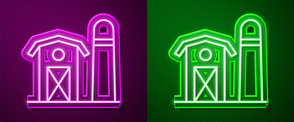 Glowing neon line Farm house icon isolated on purple and green background. Vector