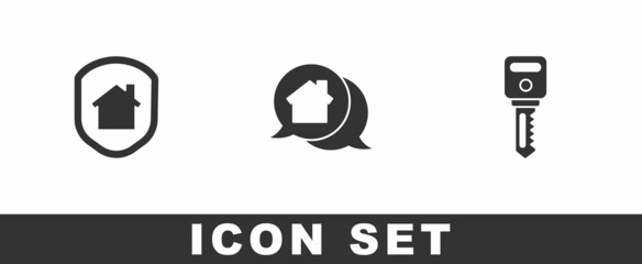 Set House under protection, Real estate message house and key icon. Vector