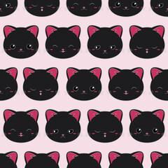 Koty - powtarzalny wzór - czarne kotki na różowym tle. Uśmiechnięte, śpiące, smutne, zadowolone kocie głowy. Ilustracja wektorowa.
