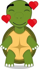 Vector character illustration of a cartoon turtle with a happy expression of love and surrounded by hearts