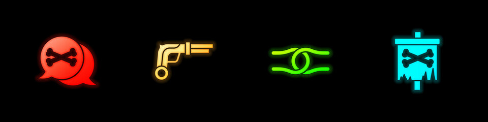 Set Location pirate, Vintage pistols, Rope tied knot and Pirate flag icon. Vector