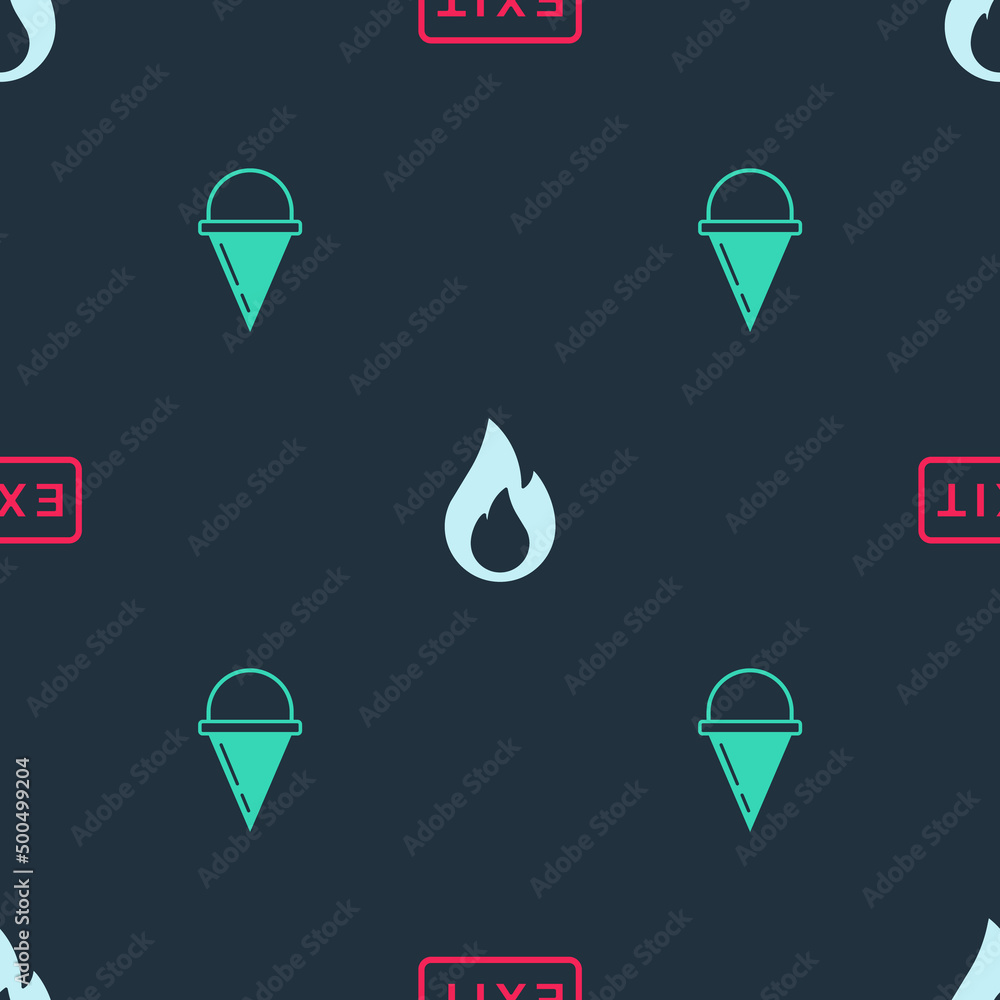 Aufkleber set fire exit, flame and cone bucket on seamless pattern. vector