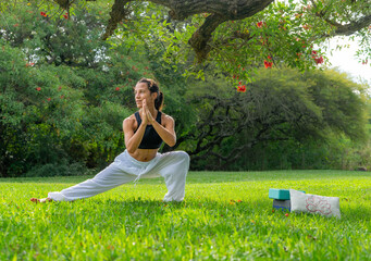 Young Woman Practicing Yoga Ding Side Lunge Pose Under a Tree in a Park.Wellness Concept