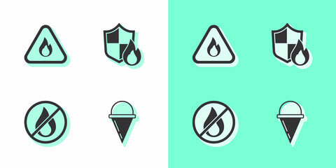 Set Fire cone bucket, flame in triangle, No fire and protection shield icon. Vector