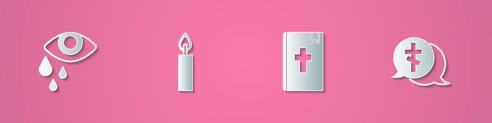 Obraz premium Set paper cut Tear cry eye, Burning candle, Holy bible book and Grave with cross icon. Paper art style. Vector