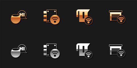 Set Voice assistant, Digital door lock, Smart electric kettle and garage icon. Vector